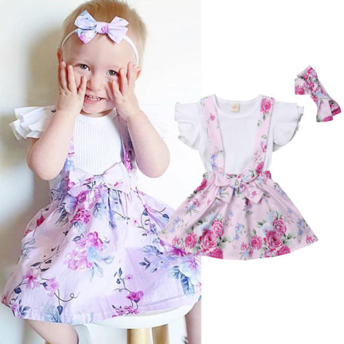 Toddler Kid Baby Girls Flower Tops T-shirt Suspender Overalls Skirt Dress 2Pcs Outfit Girl Dress - ebowsos