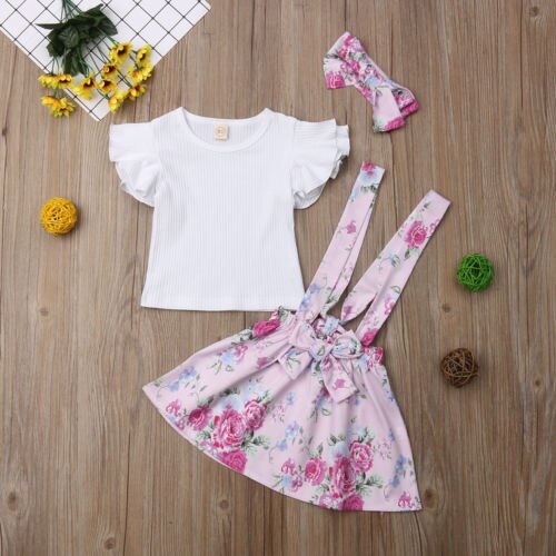 Toddler Kid Baby Girls Flower Tops T-shirt Suspender Overalls Skirt Dress 2Pcs Outfit Girl Dress - ebowsos