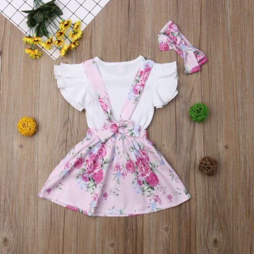 Toddler Kid Baby Girls Flower Tops T-shirt Suspender Overalls Skirt Dress 2Pcs Outfit Girl Dress - ebowsos