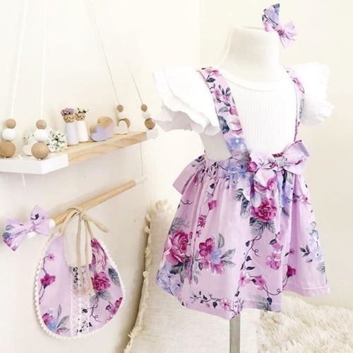 Toddler Kid Baby Girls Flower Tops T-shirt Suspender Overalls Skirt Dress 2Pcs Outfit Girl Dress - ebowsos