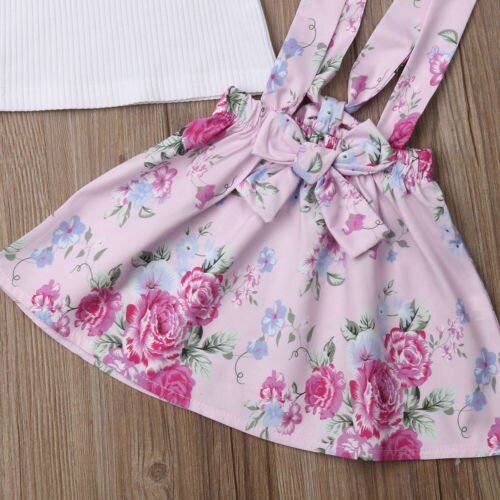 Toddler Kid Baby Girls Flower Tops T-shirt Suspender Overalls Skirt Dress 2Pcs Outfit Girl Dress - ebowsos