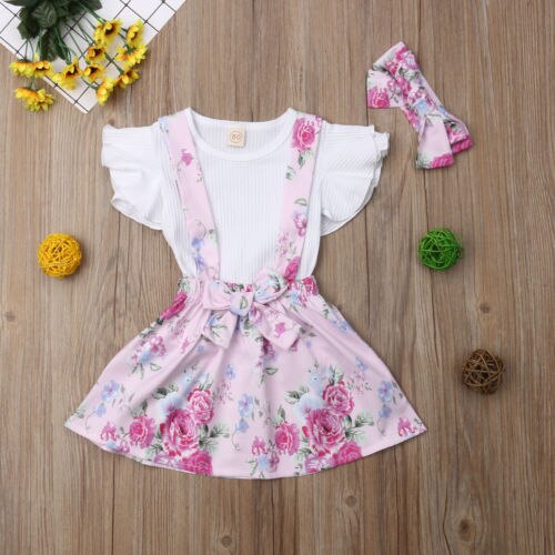 Toddler Kid Baby Girls Flower Tops T-shirt Suspender Overalls Skirt Dress 2Pcs Outfit Girl Dress - ebowsos