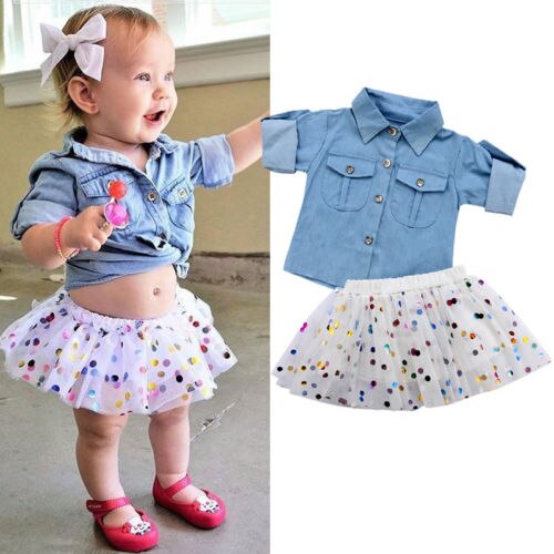 Toddler Kid Baby Girls Shirt Tops+Tutu Mini Skirts Dots Dress Outfits 2PCS - ebowsos