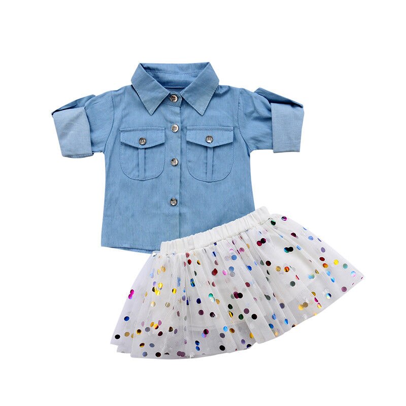 Toddler Kid Baby Girls Shirt Tops+Tutu Mini Skirts Dots Dress Outfits 2PCS - ebowsos