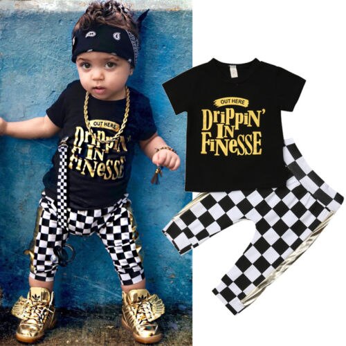 Toddler Kids Baby Boy Cotton Plaid Top T-shirt Long Pants Outfit Boy Clothes 2Pcs - ebowsos