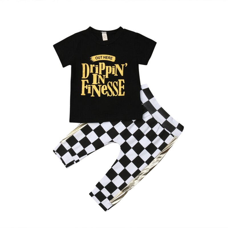 Toddler Kids Baby Boy Cotton Plaid Top T-shirt Long Pants Outfit Boy Clothes 2Pcs - ebowsos