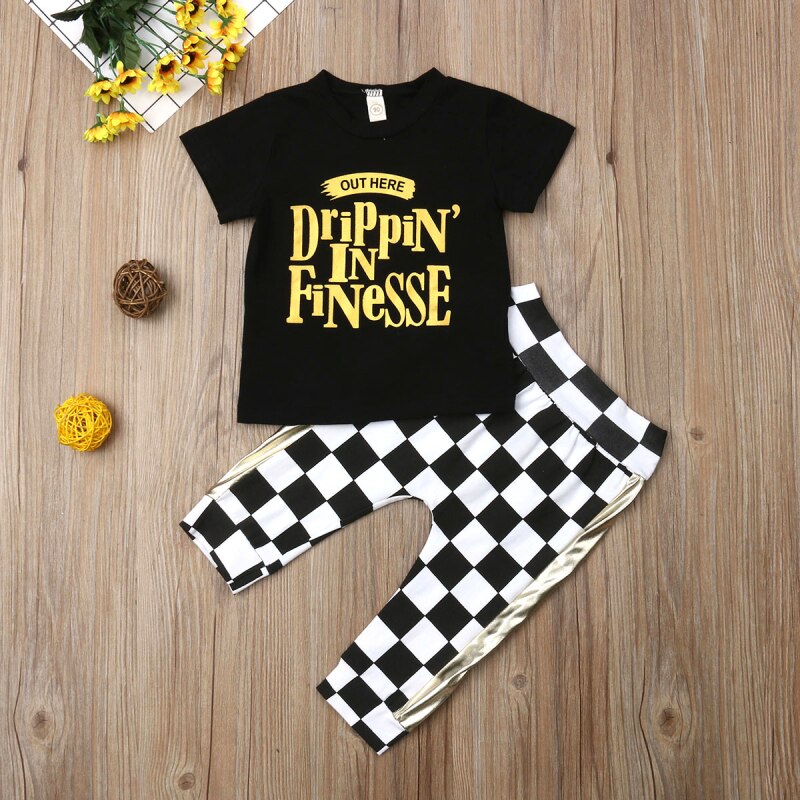 Toddler Kids Baby Boy Cotton Plaid Top T-shirt Long Pants Outfit Boy Clothes 2Pcs - ebowsos