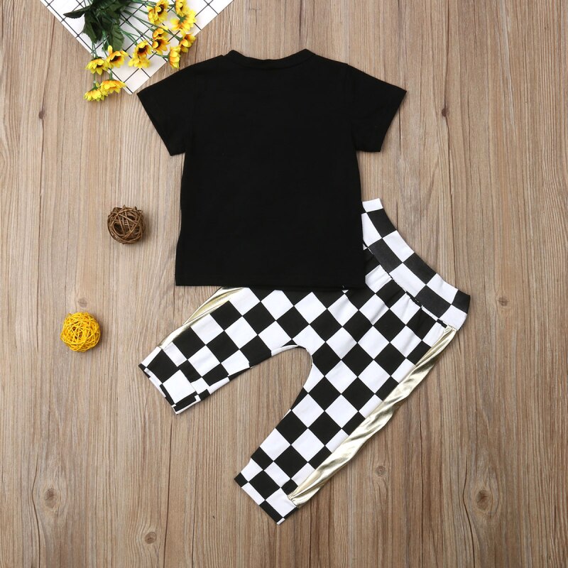 Toddler Kids Baby Boy Cotton Plaid Top T-shirt Long Pants Outfit Boy Clothes 2Pcs - ebowsos