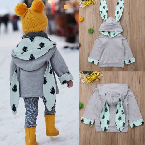 Toddler Kids Baby Boy Girls Cartoon Rabbit Ear Hoodies Outwear Cloak Button Hooded Sweatshirts - ebowsos