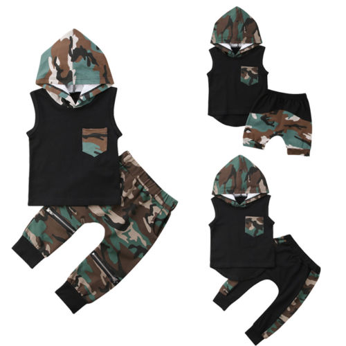 Toddler Kids Baby Boy Sleeveless Hooded Tops T-shirt Camo Pants Outfit 2Pcs Set Clothes - ebowsos