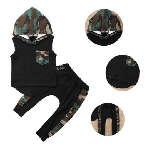 Toddler Kids Baby Boy Sleeveless Hooded Tops T-shirt Camo Pants Outfit 2Pcs Set Clothes - ebowsos