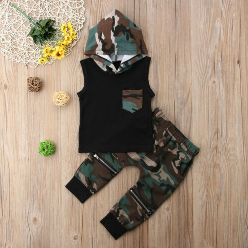 Toddler Kids Baby Boy Sleeveless Hooded Tops T-shirt Camo Pants Outfit 2Pcs Set Clothes - ebowsos