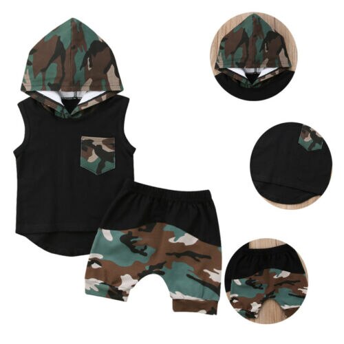 Toddler Kids Baby Boy Sleeveless Hooded Tops T-shirt Camo Pants Outfit 2Pcs Set Clothes - ebowsos