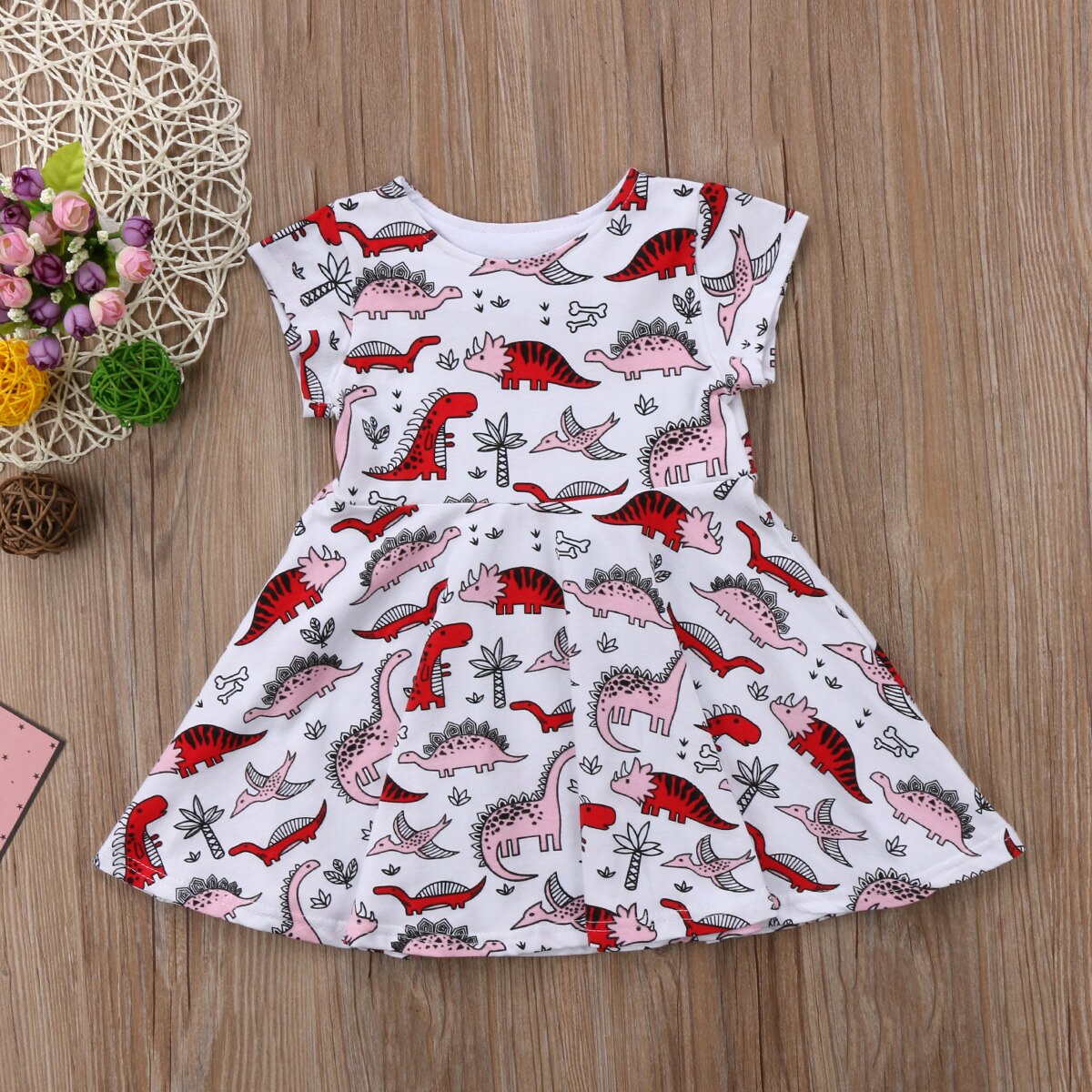 Toddler Kids Baby Girl Cotton Cartoon Dinosaur Short Sleeve Dress Clothes Summer - ebowsos