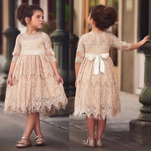 Toddler Kids Baby Girl Dress Flower Print Long sleeve Ruffle Bowknot Party Dress - ebowsos