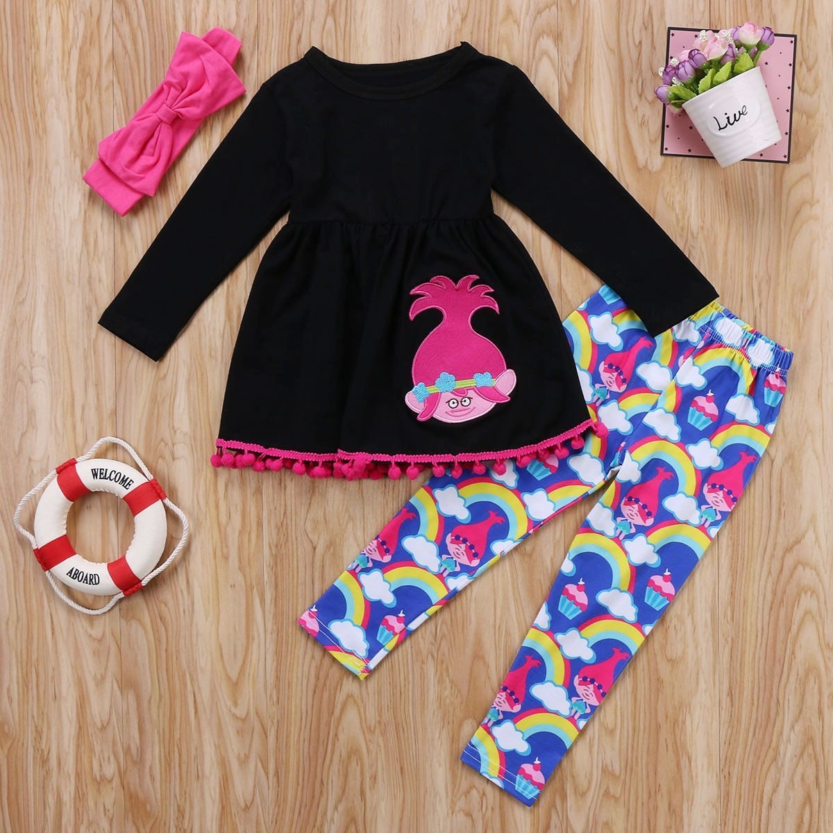 Toddler Kids Baby Girl Outfit Clothes Long Sleeve Cotton T-Shirt Top+Long Pants Leggings Headband - ebowsos