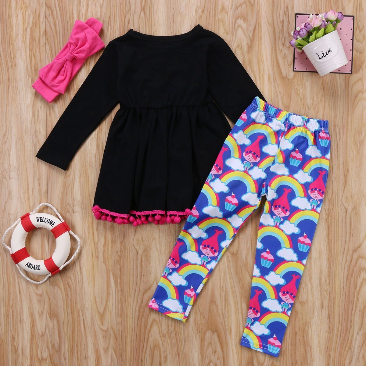 Toddler Kids Baby Girl Outfit Clothes Long Sleeve Cotton T-Shirt Top+Long Pants Leggings Headband - ebowsos