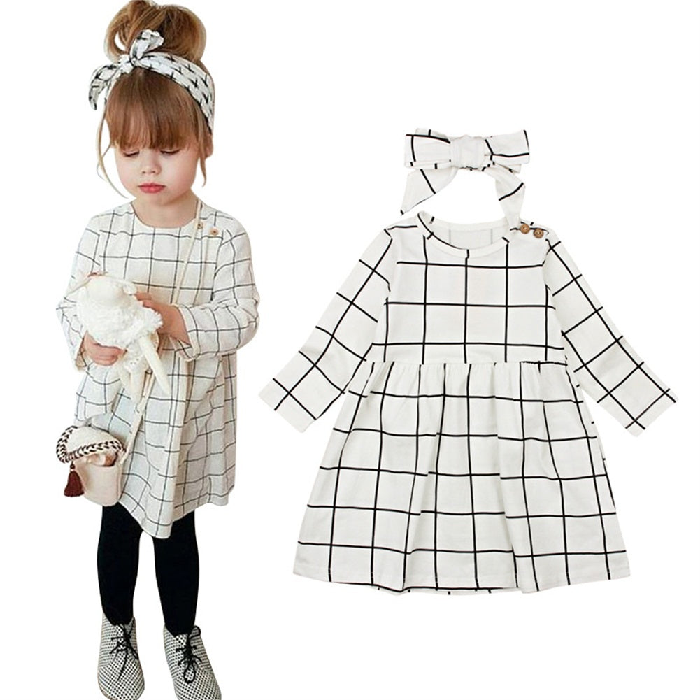 Toddler Kids Baby Girl Plaid Cotton Long Sleeve Dress Outfits Clothes - ebowsos