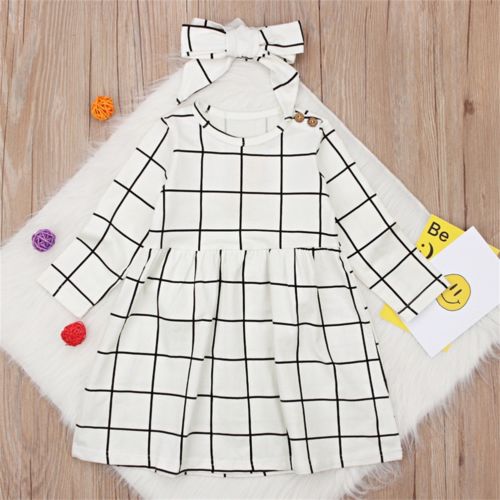 Toddler Kids Baby Girl Plaid Cotton Long Sleeve Dress Outfits Clothes - ebowsos