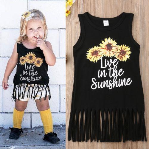 Toddler Kids Baby Girl Sleeveless Cotton Dress Causal sunflower Print Tassel Mini Dresses Sundress Outfits - ebowsos