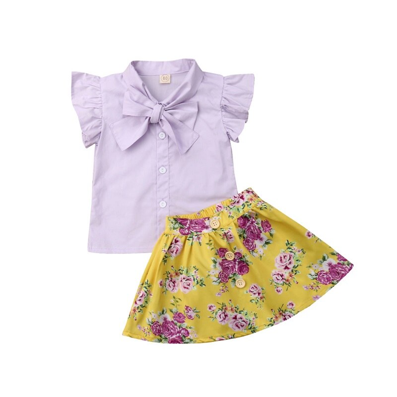 Toddler Kids Baby Girls Clothes Bow Tops T-shirt Floral Skirt Dress Outfits 2Pcs Set 1-4YT - ebowsos