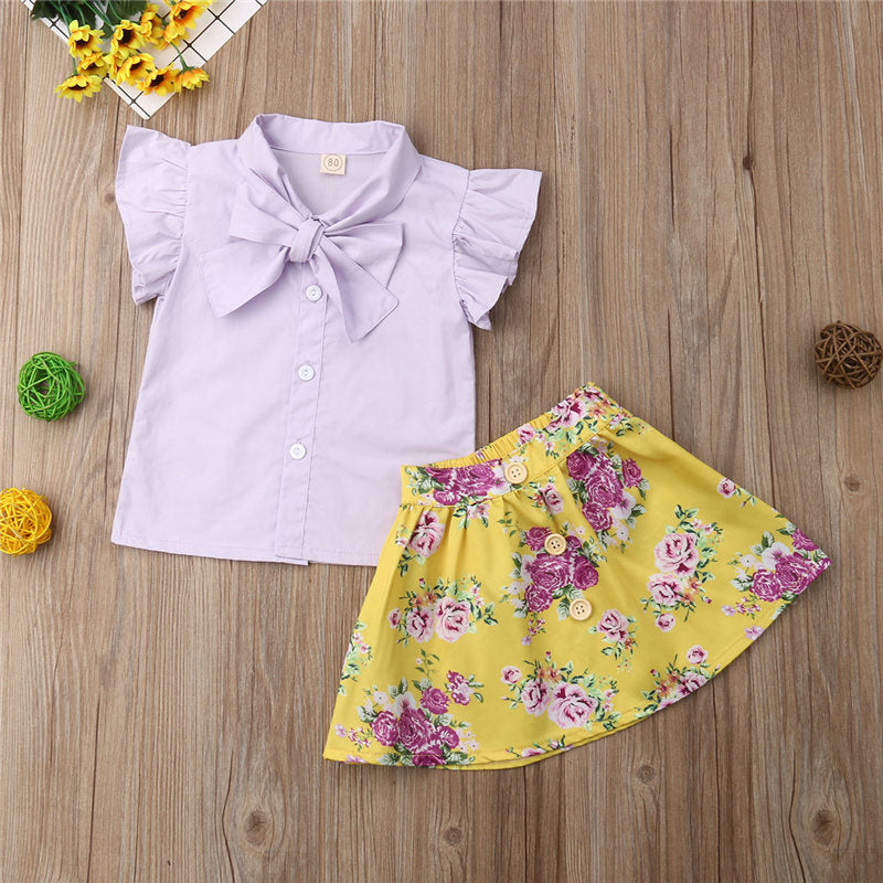 Toddler Kids Baby Girls Clothes Bow Tops T-shirt Floral Skirt Dress Outfits 2Pcs Set 1-4YT - ebowsos