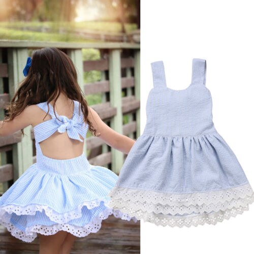 Toddler Kids Baby Girls Clothes sleeveless striped Bow backless newborn cotton Princess Party Mini Dresses one pieces - ebowsos