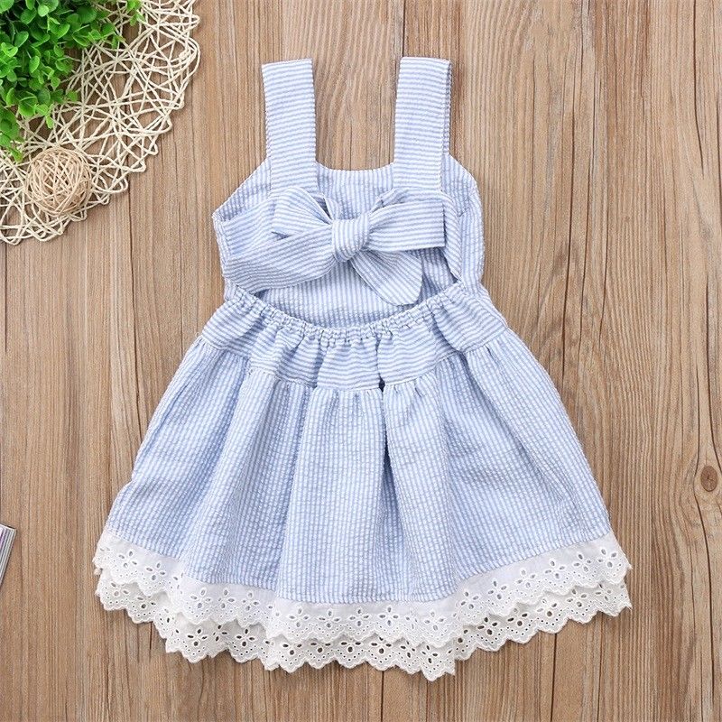 Toddler Kids Baby Girls Clothes sleeveless striped Bow backless newborn cotton Princess Party Mini Dresses one pieces - ebowsos