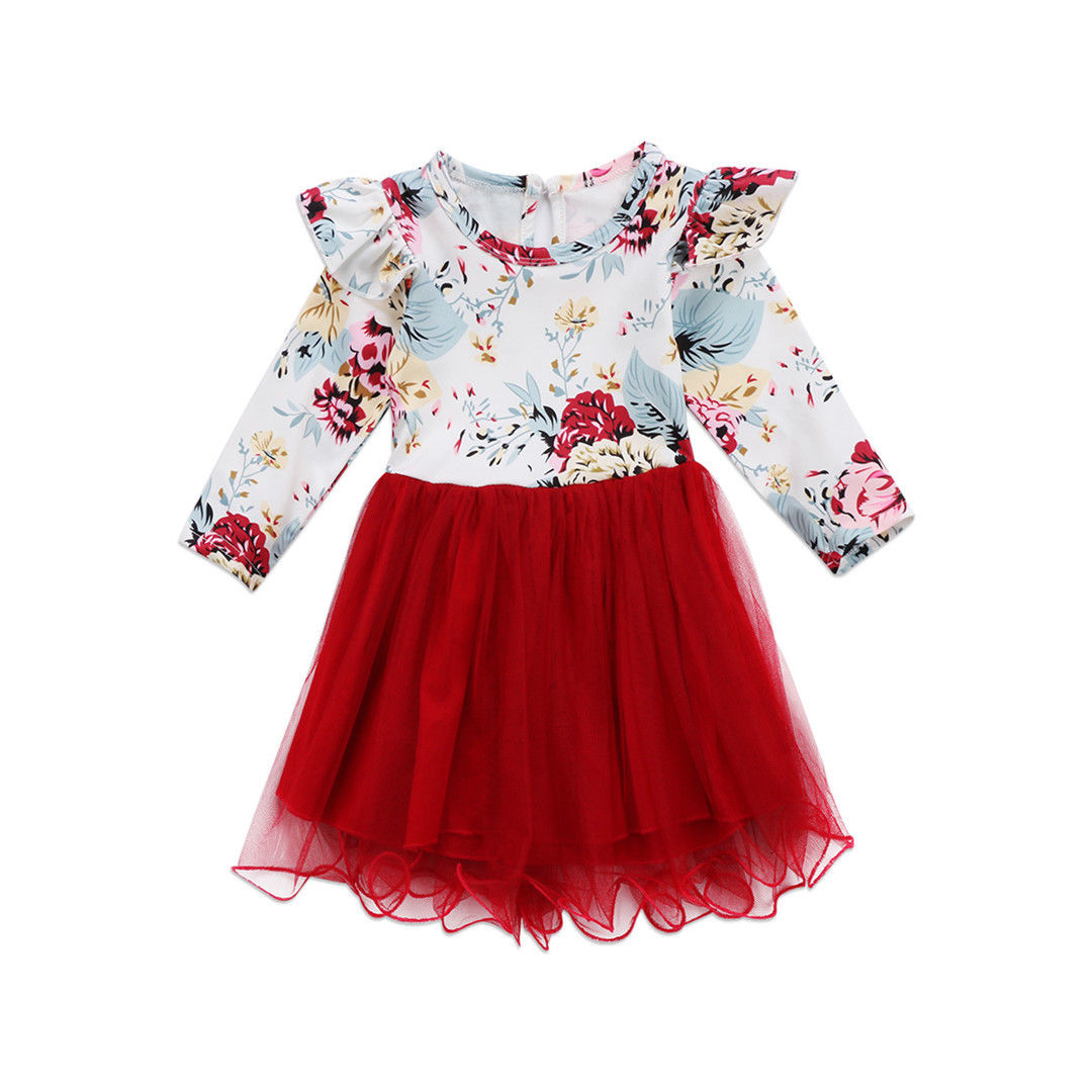 Toddler Kids Baby Girls Floral Long Sleeve Tulle Tutu  Outfits Set - ebowsos