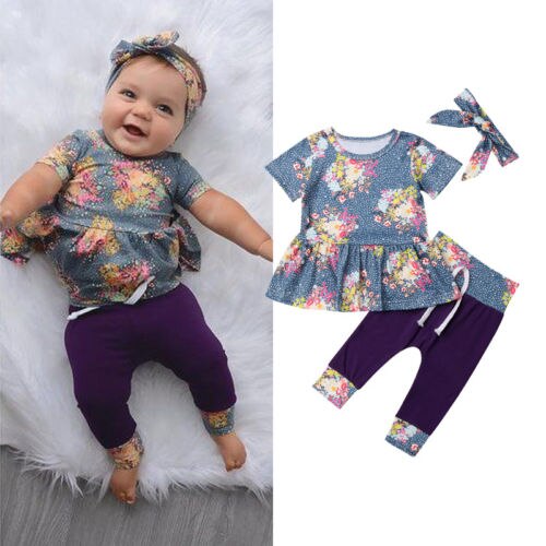 Toddler Kids Baby Girls Floral Tops Short Dress Pants Leggings 3Pcs Outfits Clothes - ebowsos