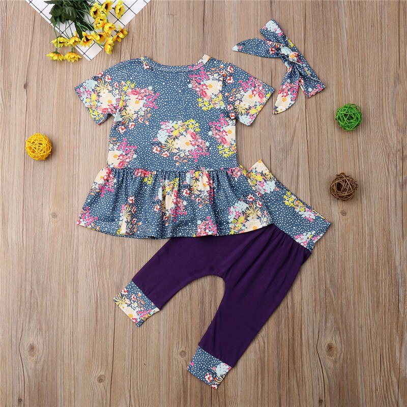 Toddler Kids Baby Girls Floral Tops Short Dress Pants Leggings 3Pcs Outfits Clothes - ebowsos