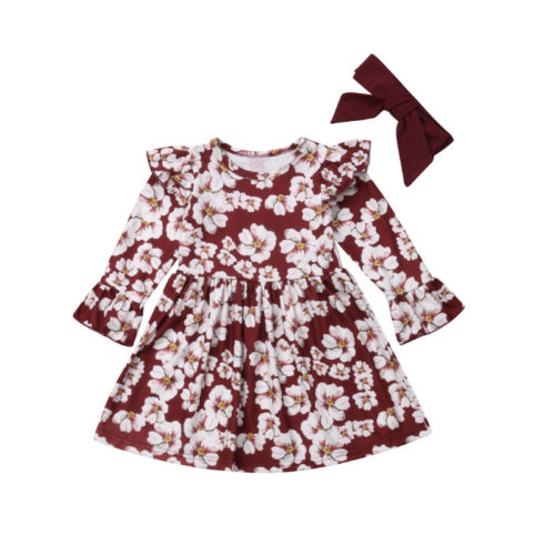 Toddler Kids Baby Girls Flowers Princess Party Long Sleeve Dress Autumn Spring Clothes - ebowsos