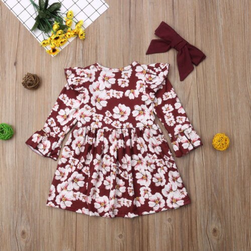 Toddler Kids Baby Girls Flowers Princess Party Long Sleeve Dress Autumn Spring Clothes - ebowsos