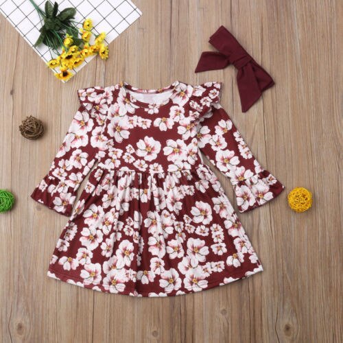 Toddler Kids Baby Girls Flowers Princess Party Long Sleeve Dress Autumn Spring Clothes - ebowsos