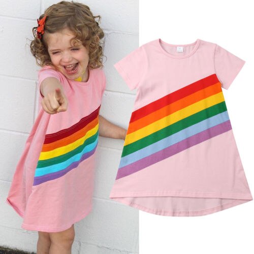 Toddler Kids Baby Girls Rainbow Stripes Cotton Princess Dress Casual Clothes - ebowsos