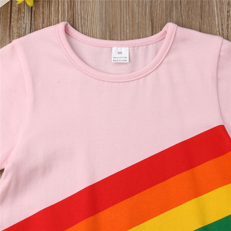 Toddler Kids Baby Girls Rainbow Stripes Cotton Princess Dress Casual Clothes - ebowsos