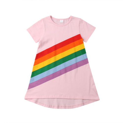 Toddler Kids Baby Girls Rainbow Stripes Cotton Princess Dress Casual Clothes - ebowsos