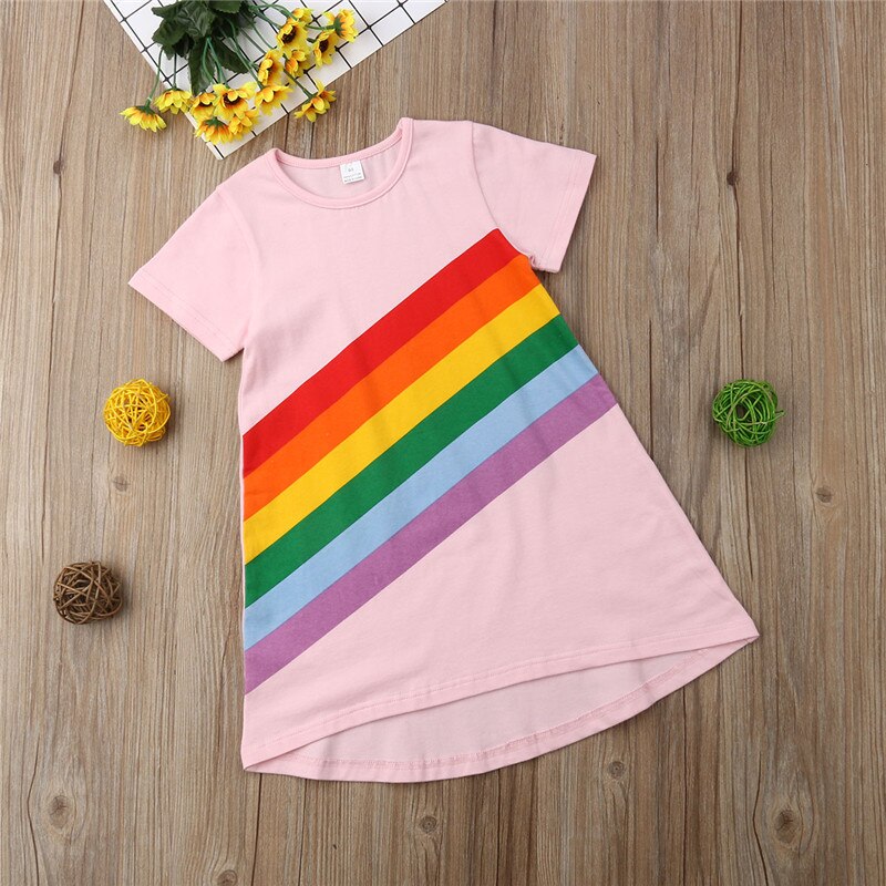 Toddler Kids Baby Girls Rainbow Stripes Cotton Princess Dress Casual Clothes - ebowsos