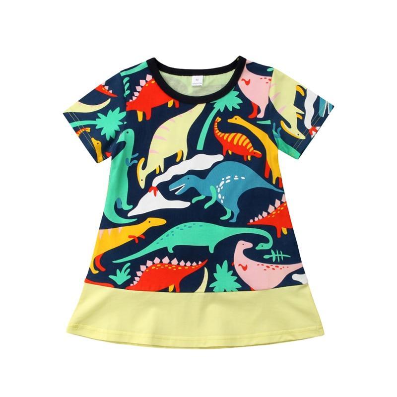 Toddler Kids Baby Girls Short Sleeve Dress Cartoon Dinosaur Party Pageant Dresses Clothes Summer - ebowsos