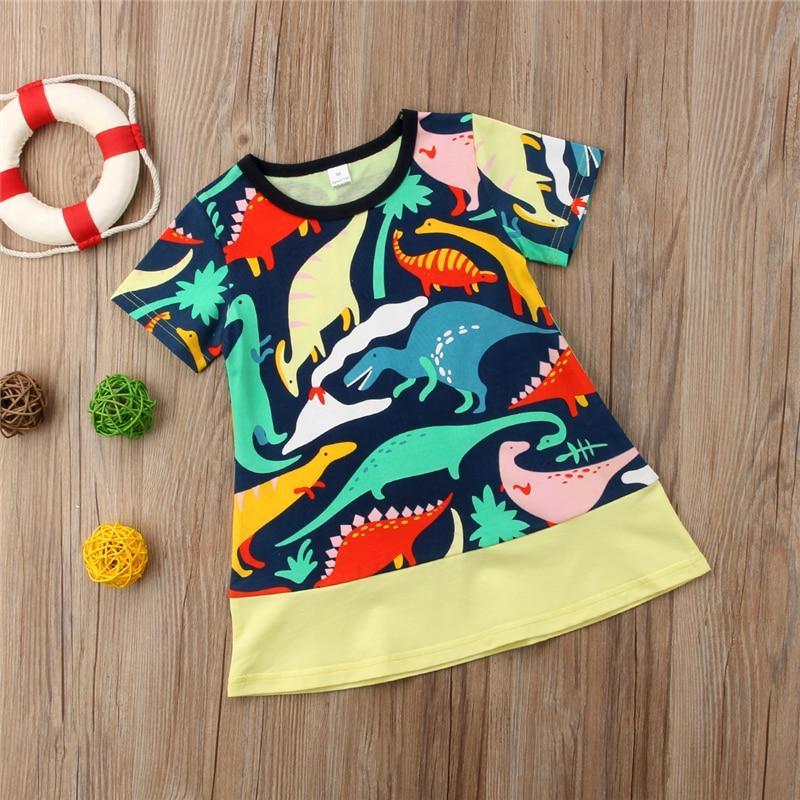 Toddler Kids Baby Girls Short Sleeve Dress Cartoon Dinosaur Party Pageant Dresses Clothes Summer - ebowsos