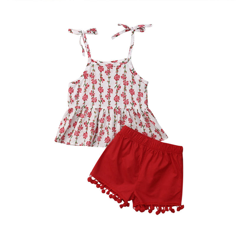 Toddler Kids Baby Girls Summer Lovely Sets 2PCS Sleeveless Belt Floral Print Vest Tops+Shorts Trousers - ebowsos