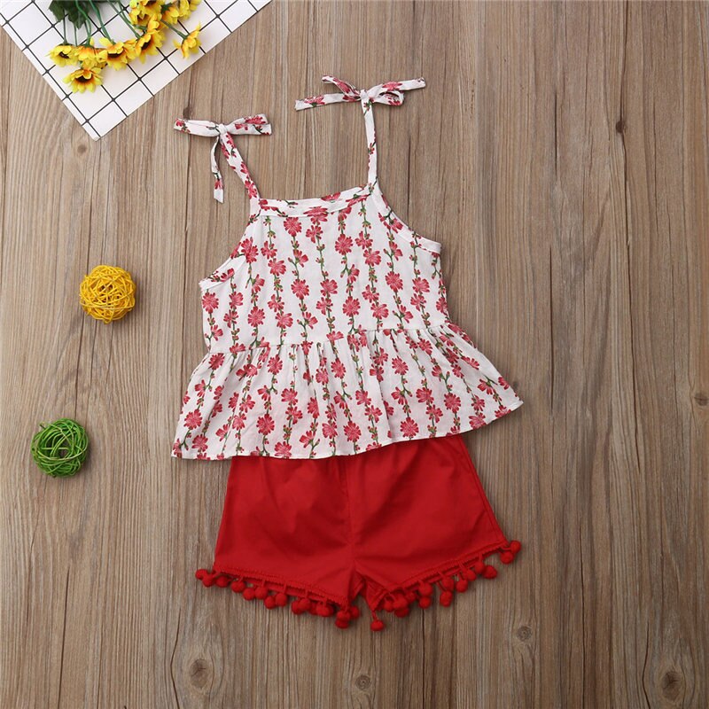 Toddler Kids Baby Girls Summer Lovely Sets 2PCS Sleeveless Belt Floral Print Vest Tops+Shorts Trousers - ebowsos