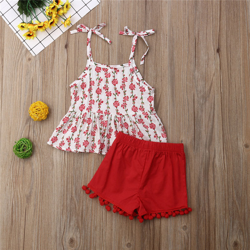 Toddler Kids Baby Girls Summer Lovely Sets 2PCS Sleeveless Belt Floral Print Vest Tops+Shorts Trousers - ebowsos