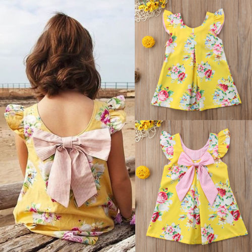 Toddler Kids Baby Girls Summer Yellow Bowknot Sundress Floral Bowknot Tutu Dress Sweet Summer Clothes - ebowsos