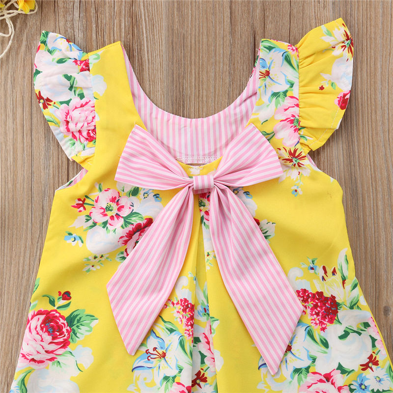 Toddler Kids Baby Girls Summer Yellow Bowknot Sundress Floral Bowknot Tutu Dress Sweet Summer Clothes - ebowsos