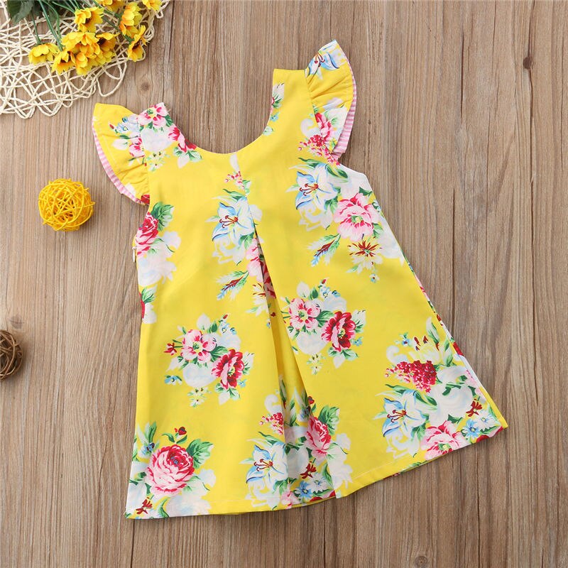 Toddler Kids Baby Girls Summer Yellow Bowknot Sundress Floral Bowknot Tutu Dress Sweet Summer Clothes - ebowsos