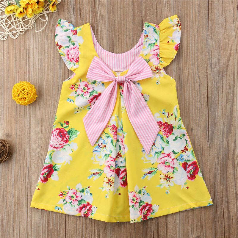 Toddler Kids Baby Girls Summer Yellow Bowknot Sundress Floral Bowknot Tutu Dress Sweet Summer Clothes - ebowsos