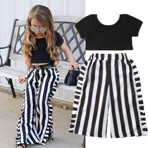 Toddler Kids Baby Girls T-shirt Tops+ Flare Striped Pants Summer Casual Outfit Clothes 2PCS Set - ebowsos