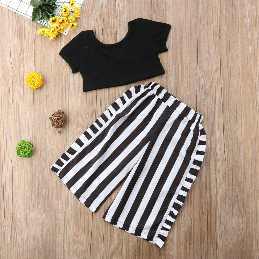 Toddler Kids Baby Girls T-shirt Tops+ Flare Striped Pants Summer Casual Outfit Clothes 2PCS Set - ebowsos