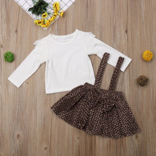 Toddler Kids Baby Girls T-shirt Tops+Suspender Skirts Overalls 2PCS Outfits 1-6T - ebowsos